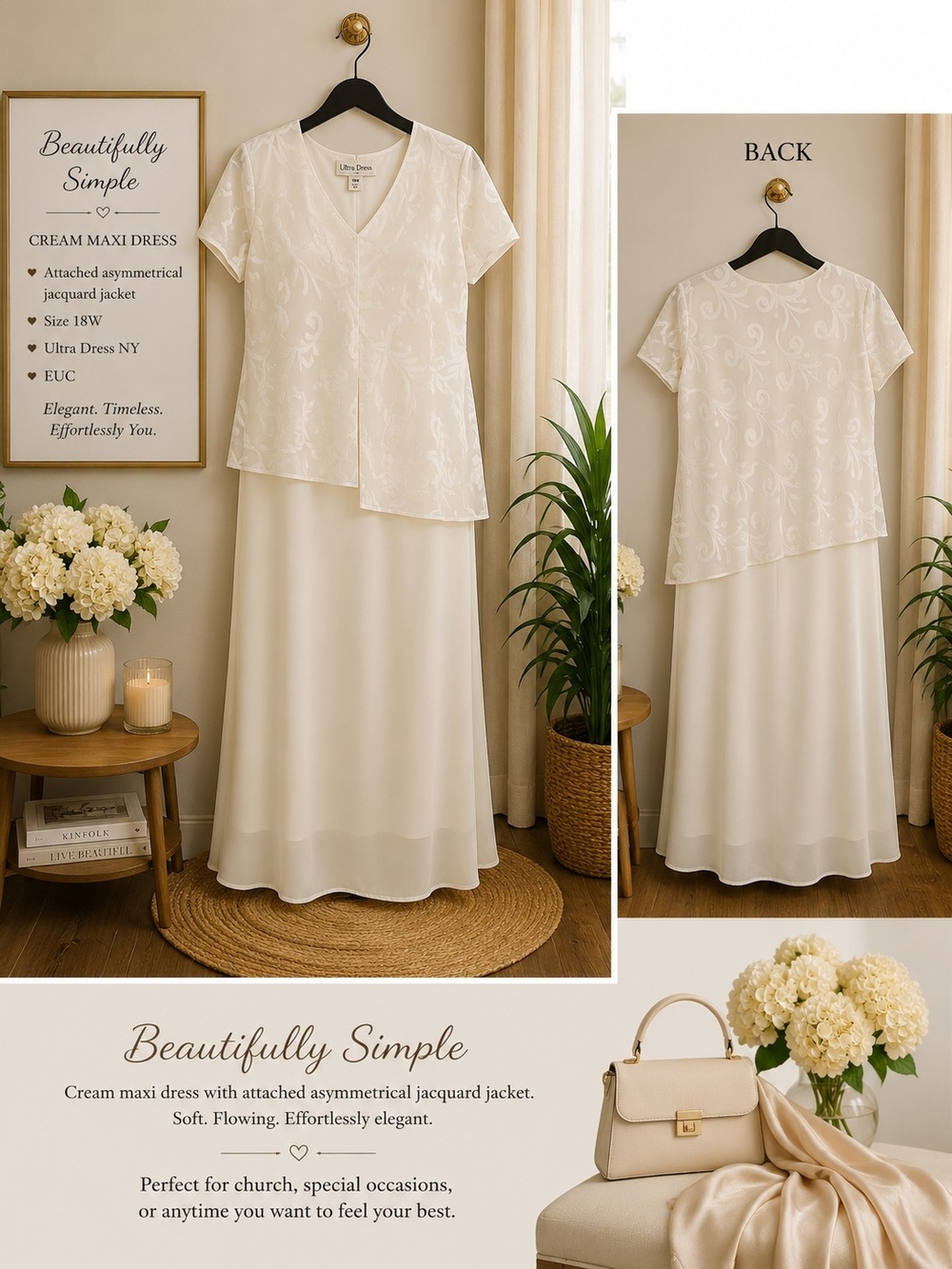 Ultra Dress New York Cream Maxi Dress with Attached Asymmetrical Jacquard Jacket